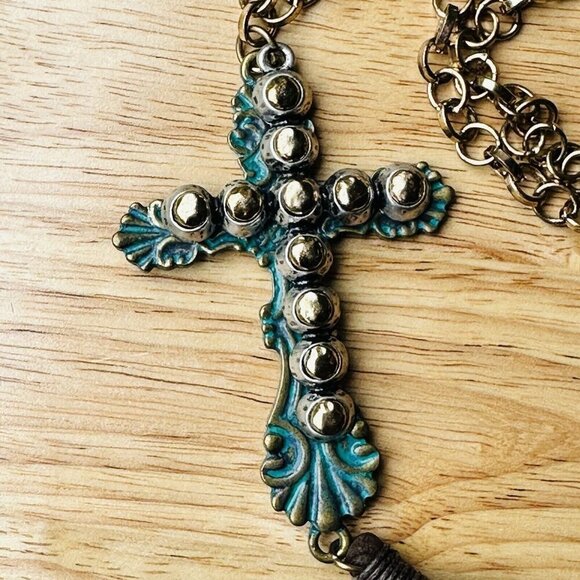 VTG Pendant Necklace 30" Christian‎ Cross Gunmetal Chain Leather Tassel Chunky - Picture 7 of 9
